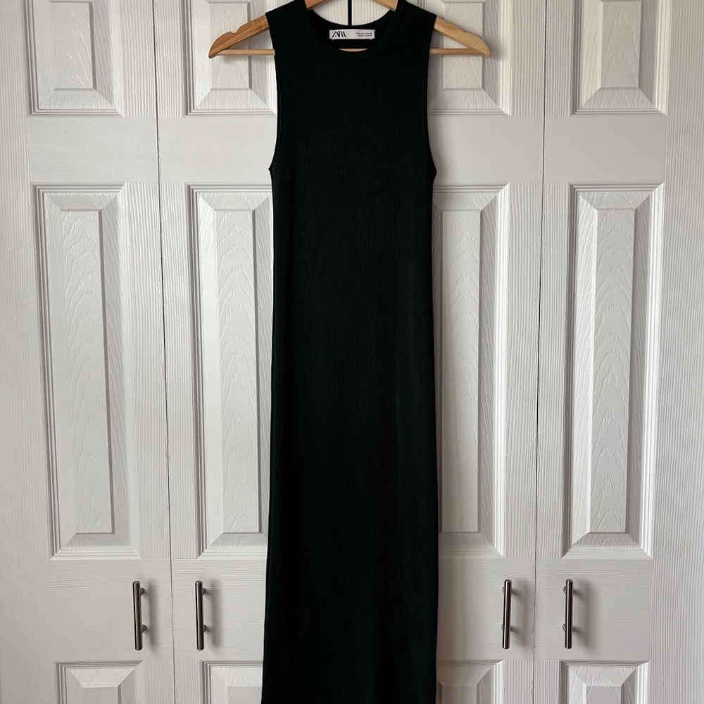 ZARA Long Ribbed Bodycon Dress Dark Green 💚